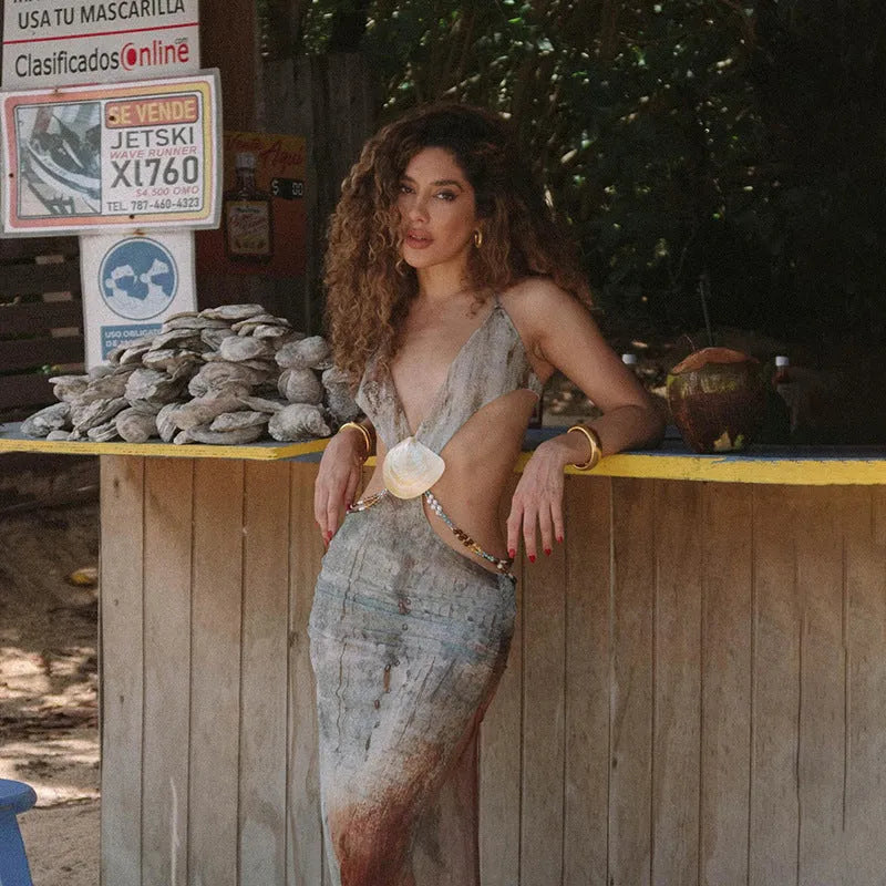 Deep V Girl Halter Lace-up Backless High Waist Dress - Bellarte Enchanté Deep V Girl Halter Lace-up Backless High Waist Dress